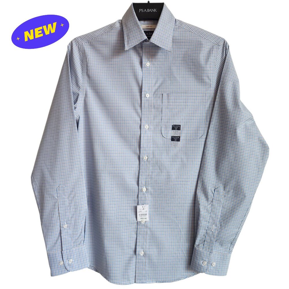 14.5 32/33 Dress Shirt White Blue Beige Slim Fit Jos A Bank Traveler Checked Nwt